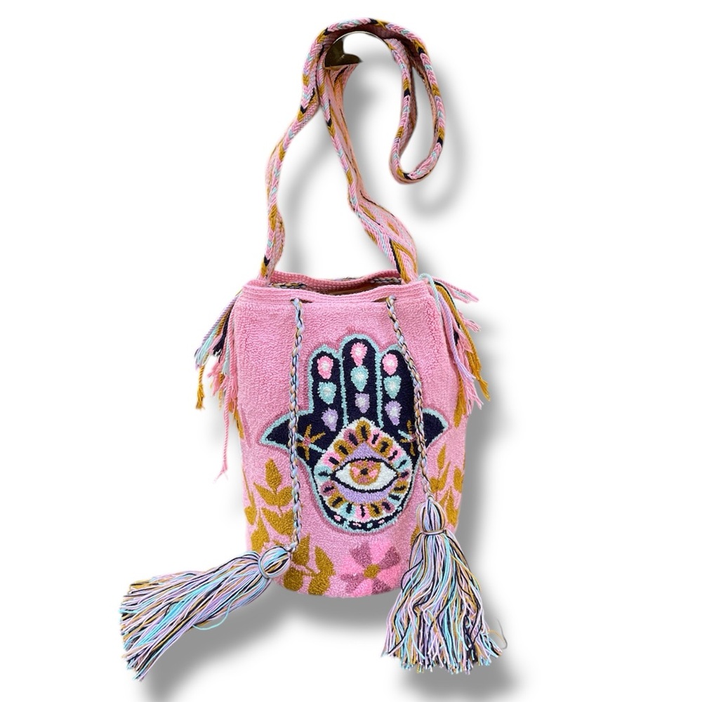 Wayuu Tribe Pink Shoulder Bag with Fringe and Hamsa Design cross body tote bag